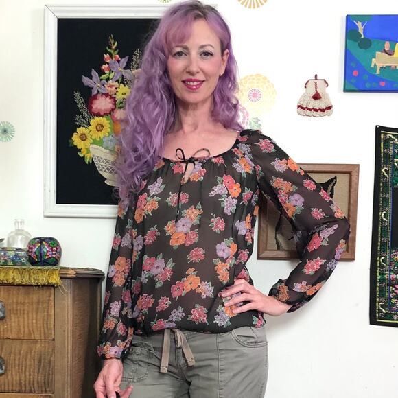 Vintage Floral Peasant Blouse, 1970s Sheer Georgette Bohemian Top Size S-M - Picture 1 of 15